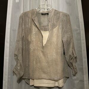 NWT ANA PS dressy glittery gold enhanced long sleeve blouse over a M Crème tank